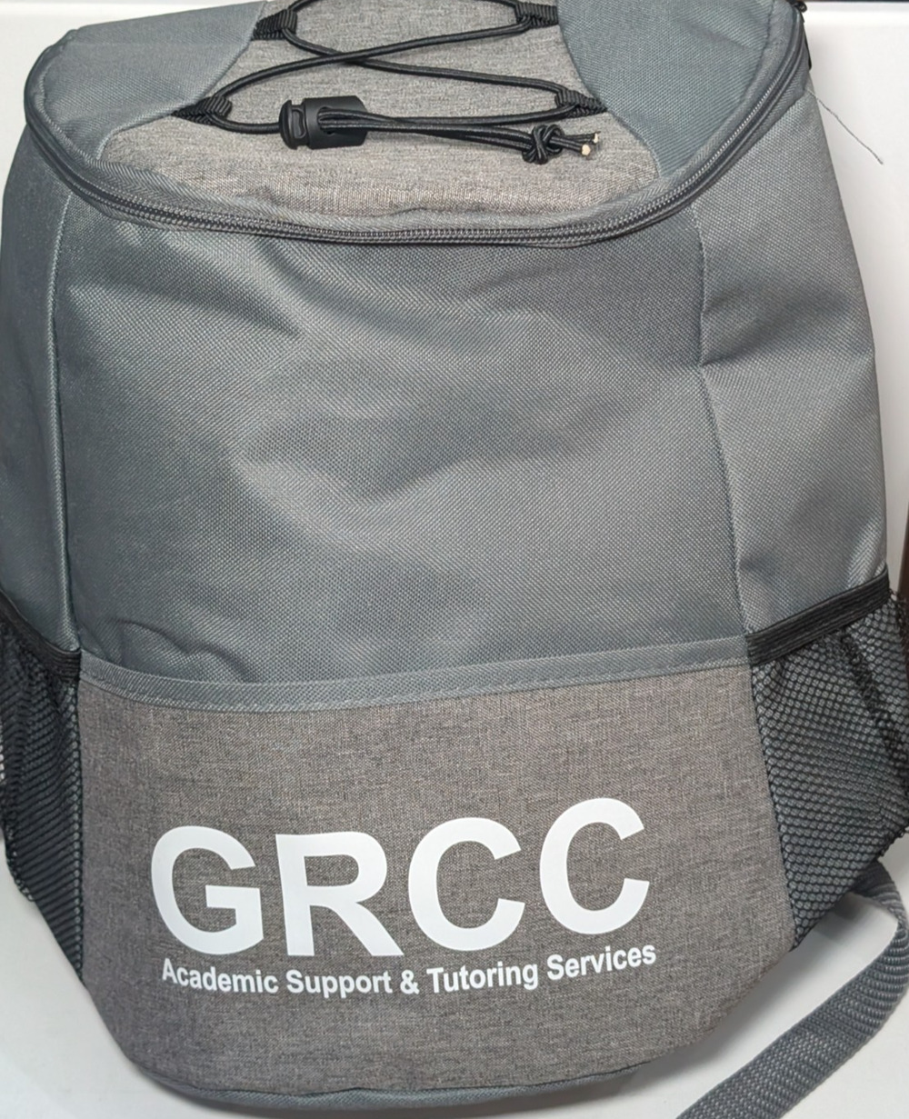GRCC Insulated Cooler Backpack Gray Academic Support Tutoring Services Bag
